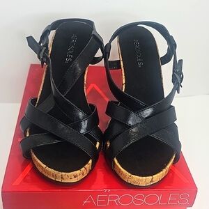 AEROSOLES Women Black Strappy Sandals with Adjustable Buckles, Size